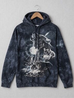 Tie-Dye Wolf Graphic Hoodie - Navy/Gray